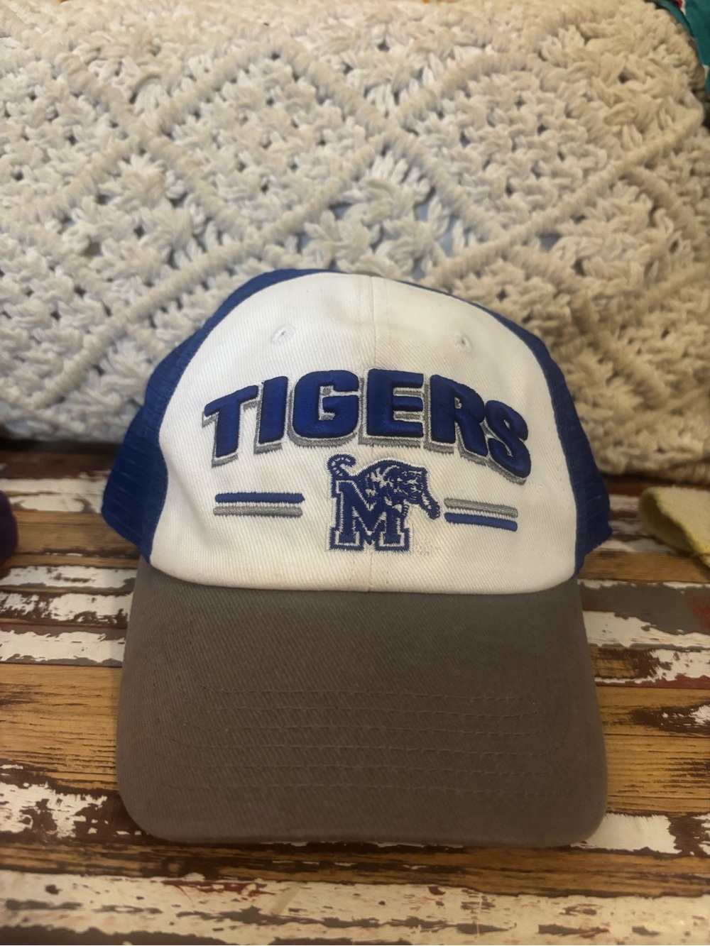 TIGERS Mesh Back Trucker Hat - White & Blue with Gray Brim